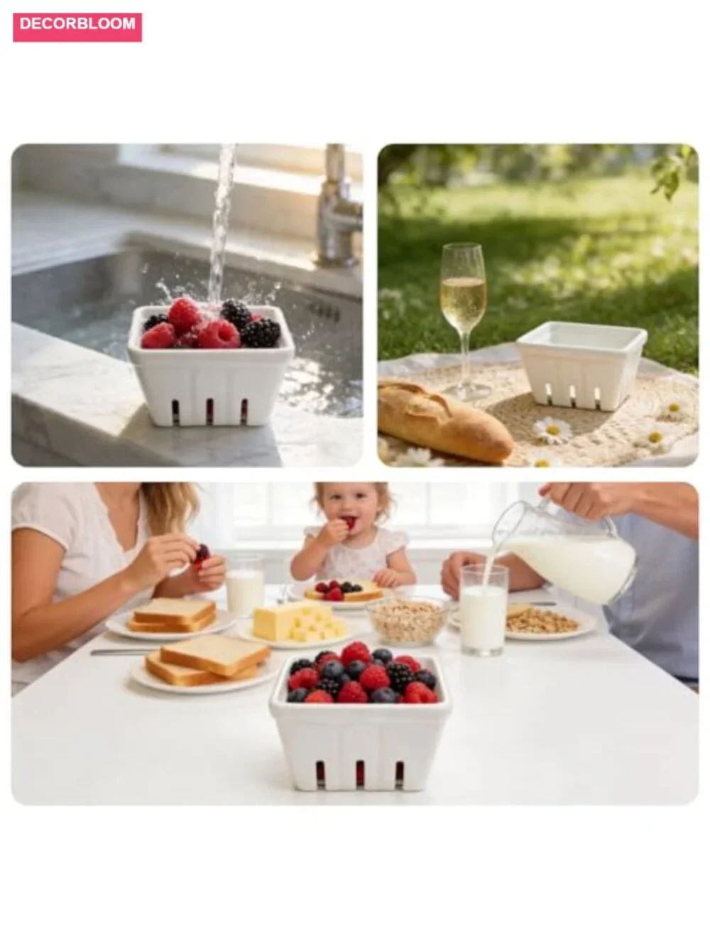 Set of 2 Ceramic Berry Baskets with Draining Holes - Fruit Bowl for Kitchen